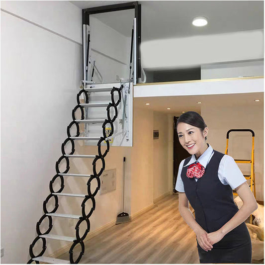 Escaleras plegables para desván de 5 pies a 10 pies con peldaños de bisagras telescópicas en los orificios de las paredes laterales con puertas de escotilla