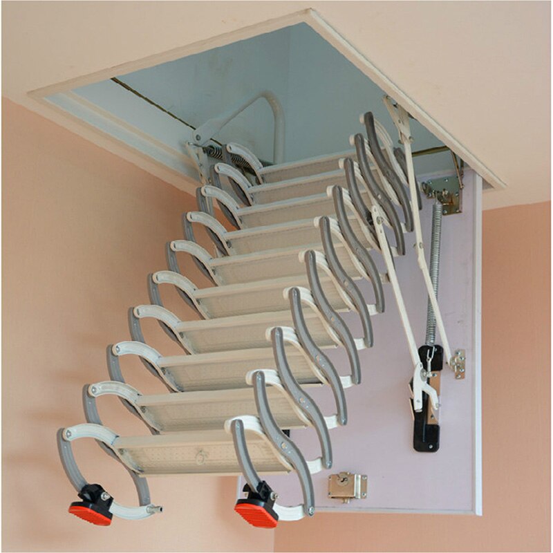 Escaleras de acero telescópicas Kit de escalera de desván con pasamanos Bisagras de paso extraíbles 5 pies-12 pies personalizados